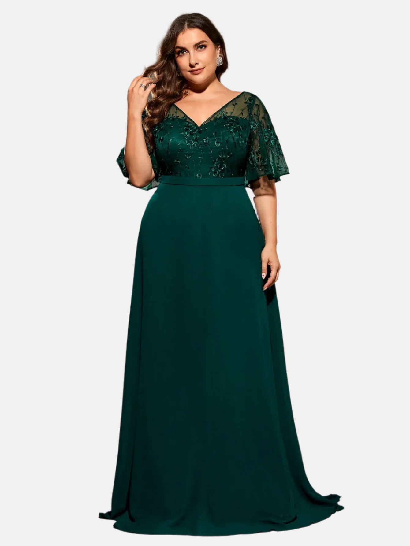 plus size V-neck See-through trumpet sleeve embroidered chiffon full skirt Evening gown Ball dress Party dress
