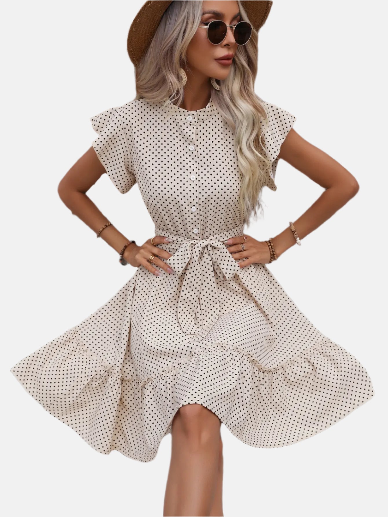 European and American women's polka dot printed butterfly sleeves with ruffled edges and wide pine hem waistband dress