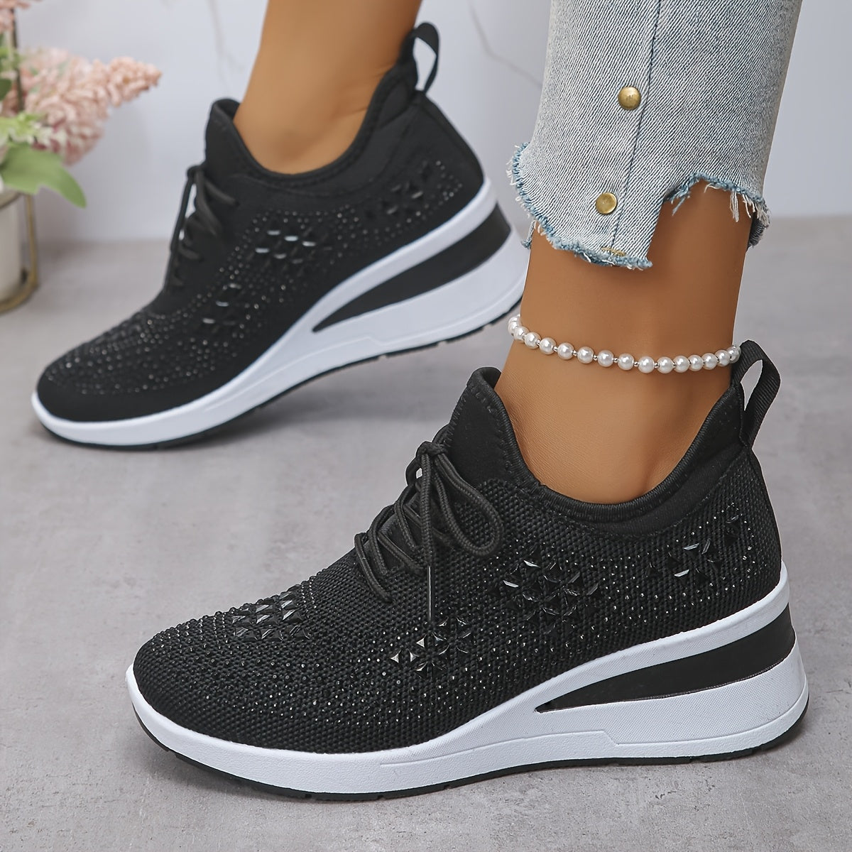 Rhinestone-Embellished Black Sneakers - Comfortable Low-Top Lace-Up Casual Shoes
