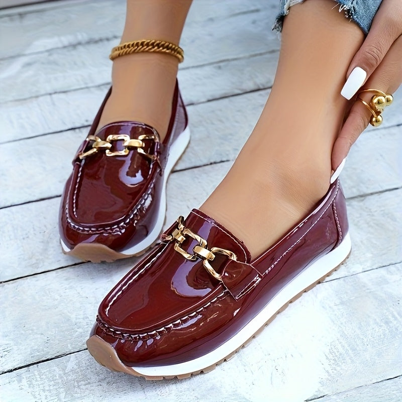 Red Faux Loafers with Gold Buckle - Slip-On Casual Flats