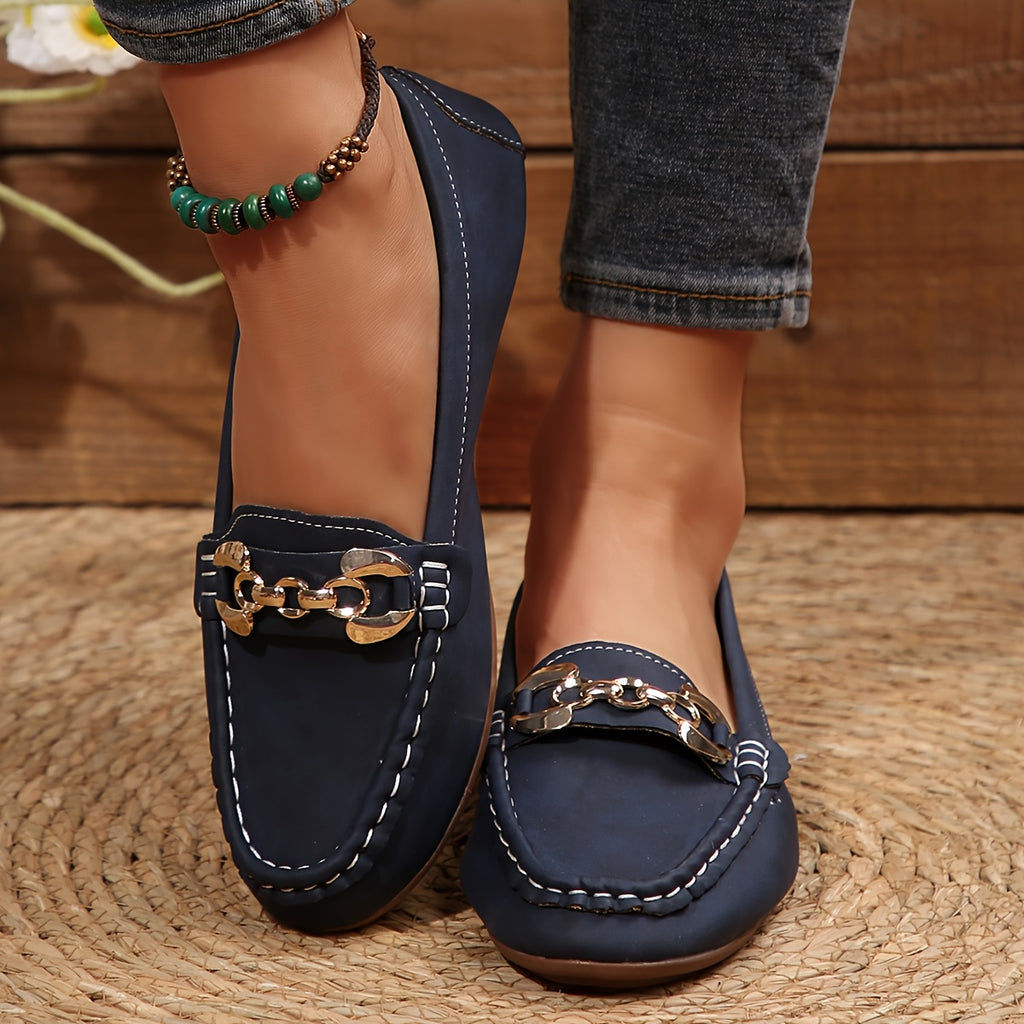 Women's Slip-On Loafers - Comfortable Flat Shoes with Metallic Buckle