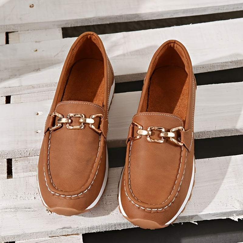 Red Faux Loafers with Gold Buckle - Slip-On Casual Flats