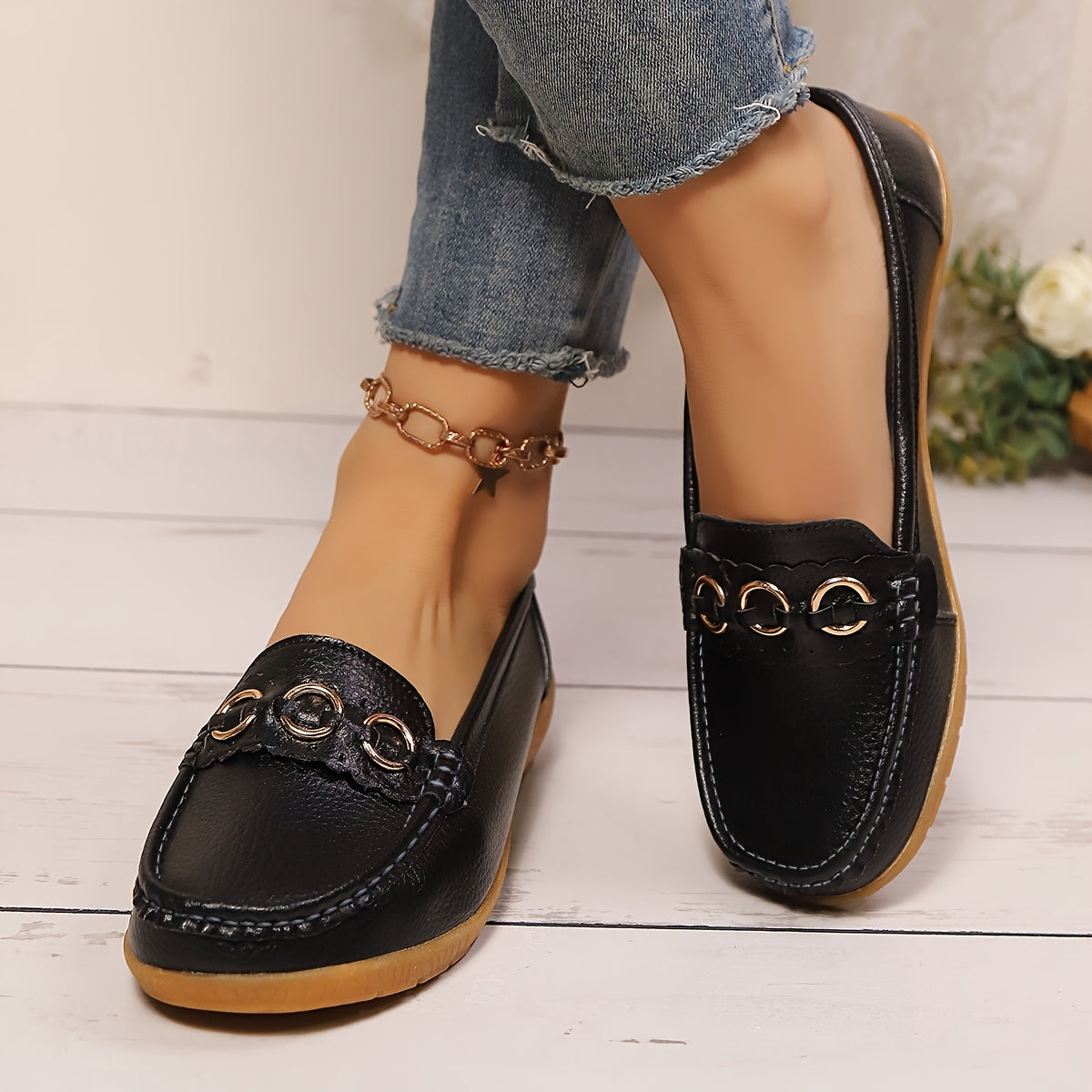 White Slip-On Loafers with Gold Accents - Casual Flat Shoes