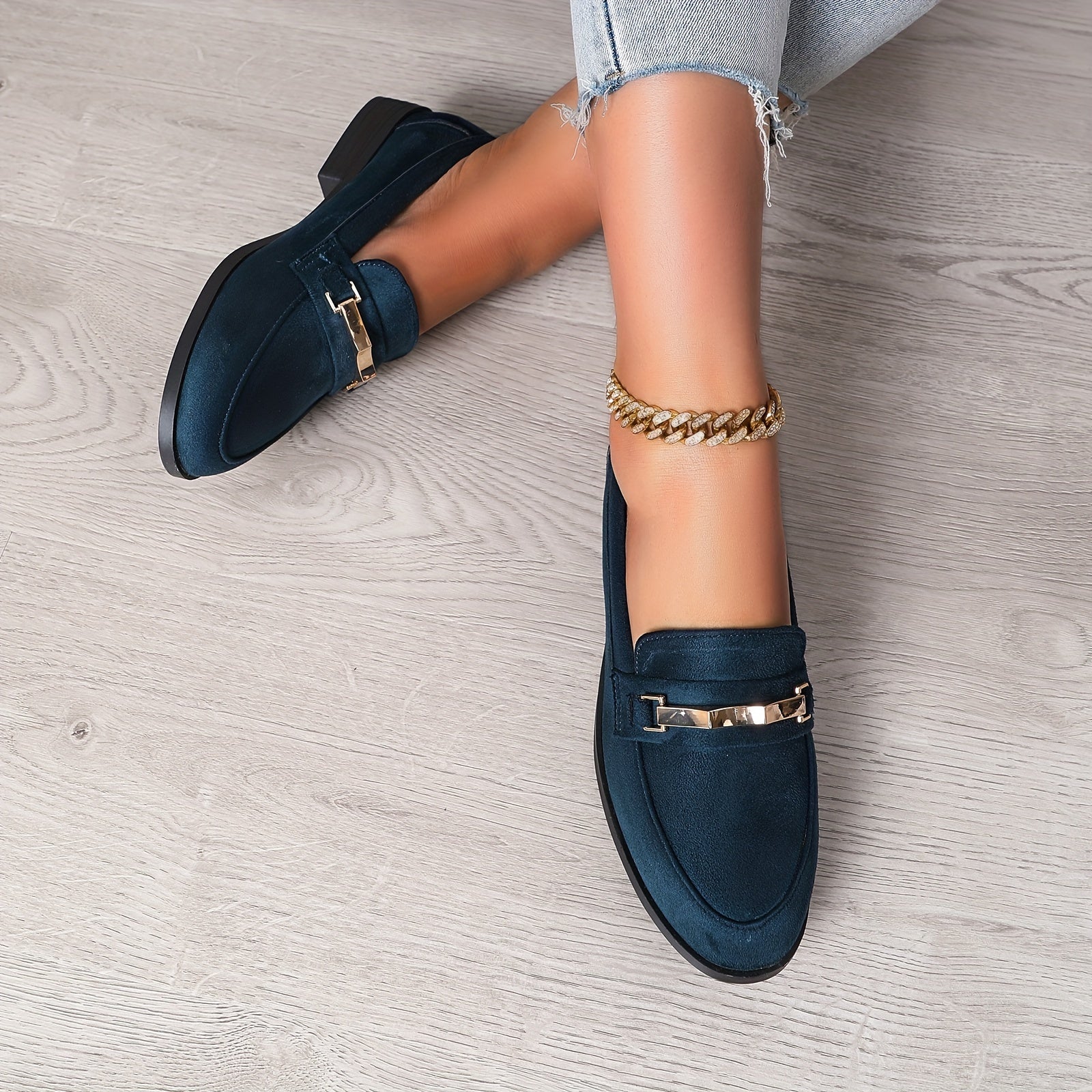 Chic Metallic Accent Women's Loafers - Breathable Slip-Ons in Solid Colors, British Style, Round Toe