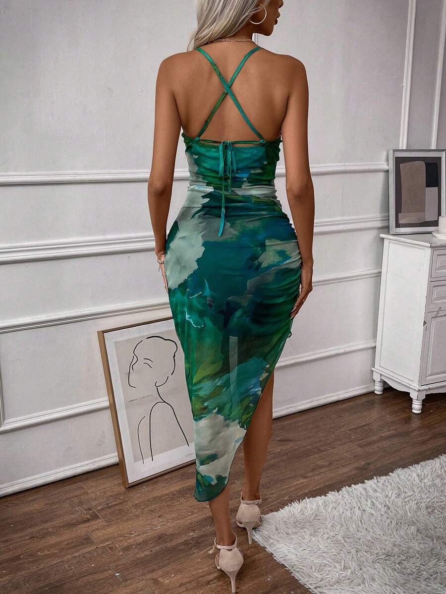 Women's Printed Pleated High Slit Dress Maxi Women Outfit