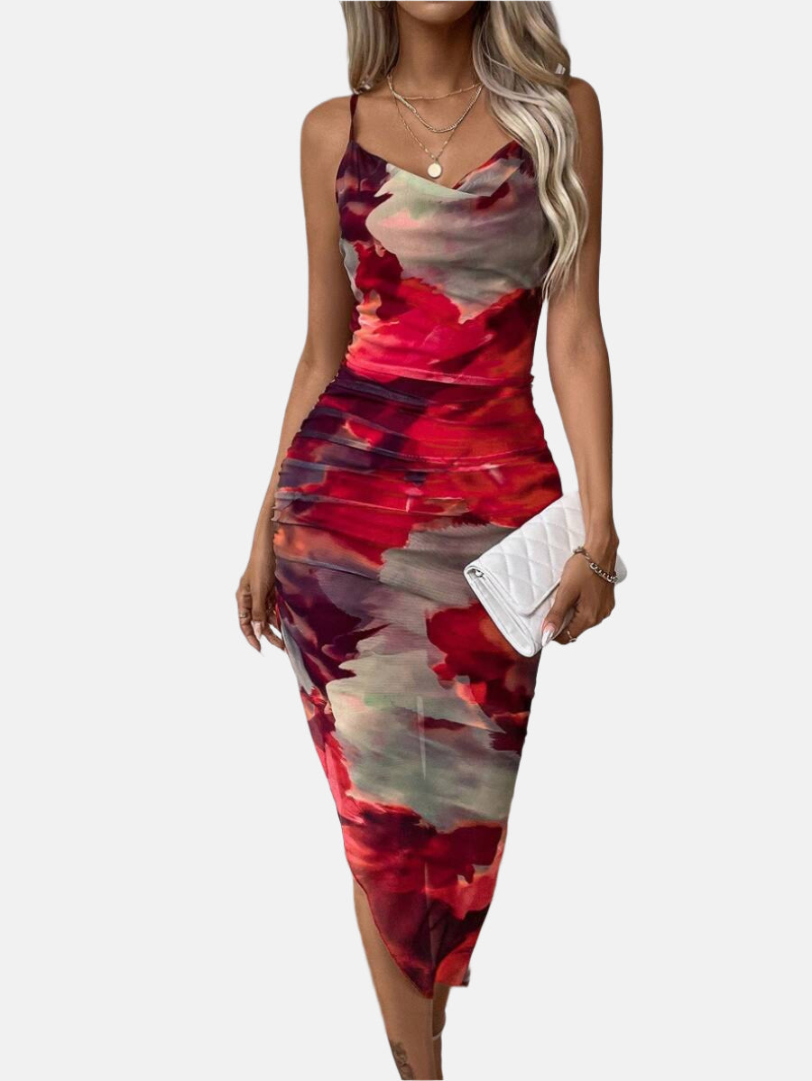 Women's Printed Pleated High Slit Dress Maxi Women Outfit