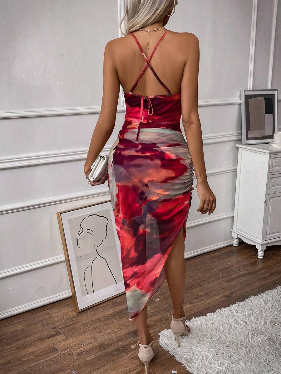 Women's Printed Pleated High Slit Dress Maxi Women Outfit