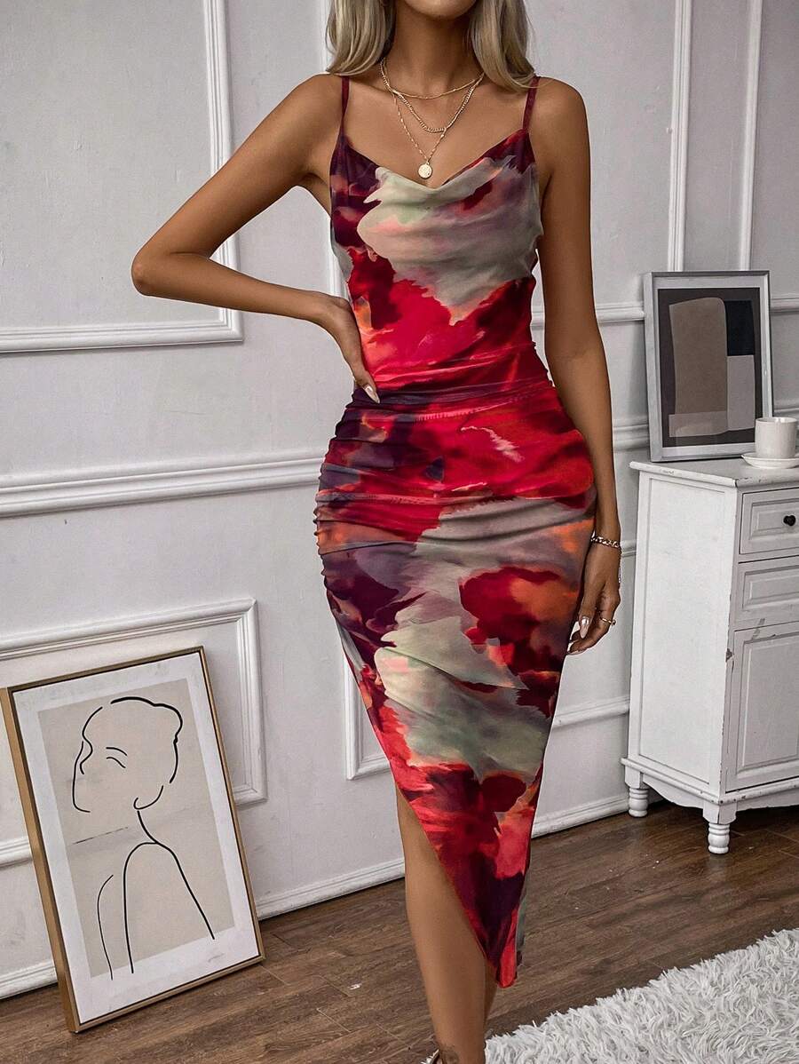 Women's Printed Pleated High Slit Dress Maxi Women Outfit