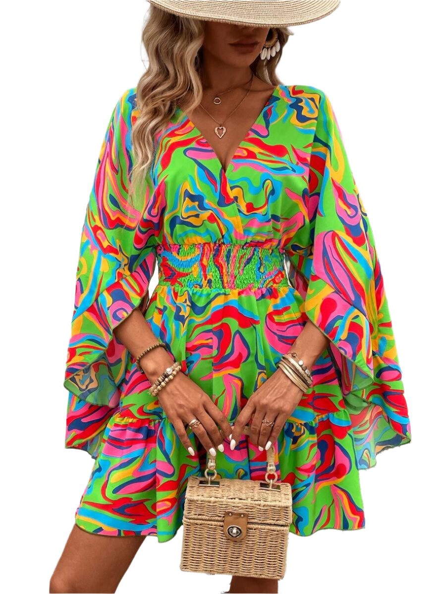 Women Holiday Full Printed V-Neck Cinching Waist Wrap Ruffle Hem Dress