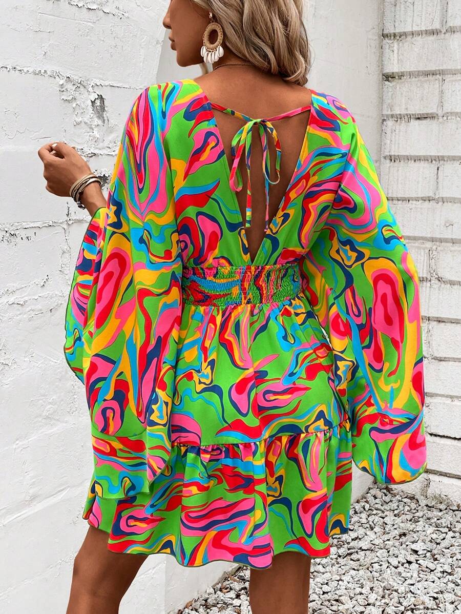 Women Holiday Full Printed V-Neck Cinching Waist Wrap Ruffle Hem Dress
