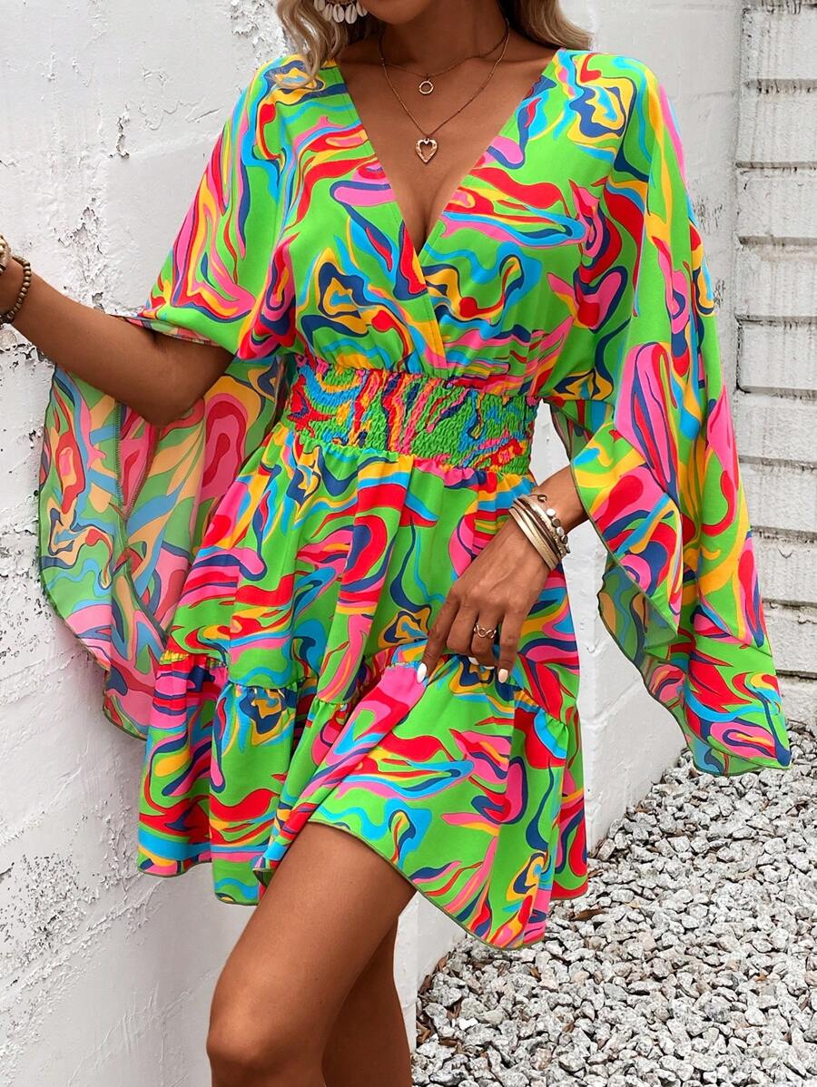 Women Holiday Full Printed V-Neck Cinching Waist Wrap Ruffle Hem Dress
