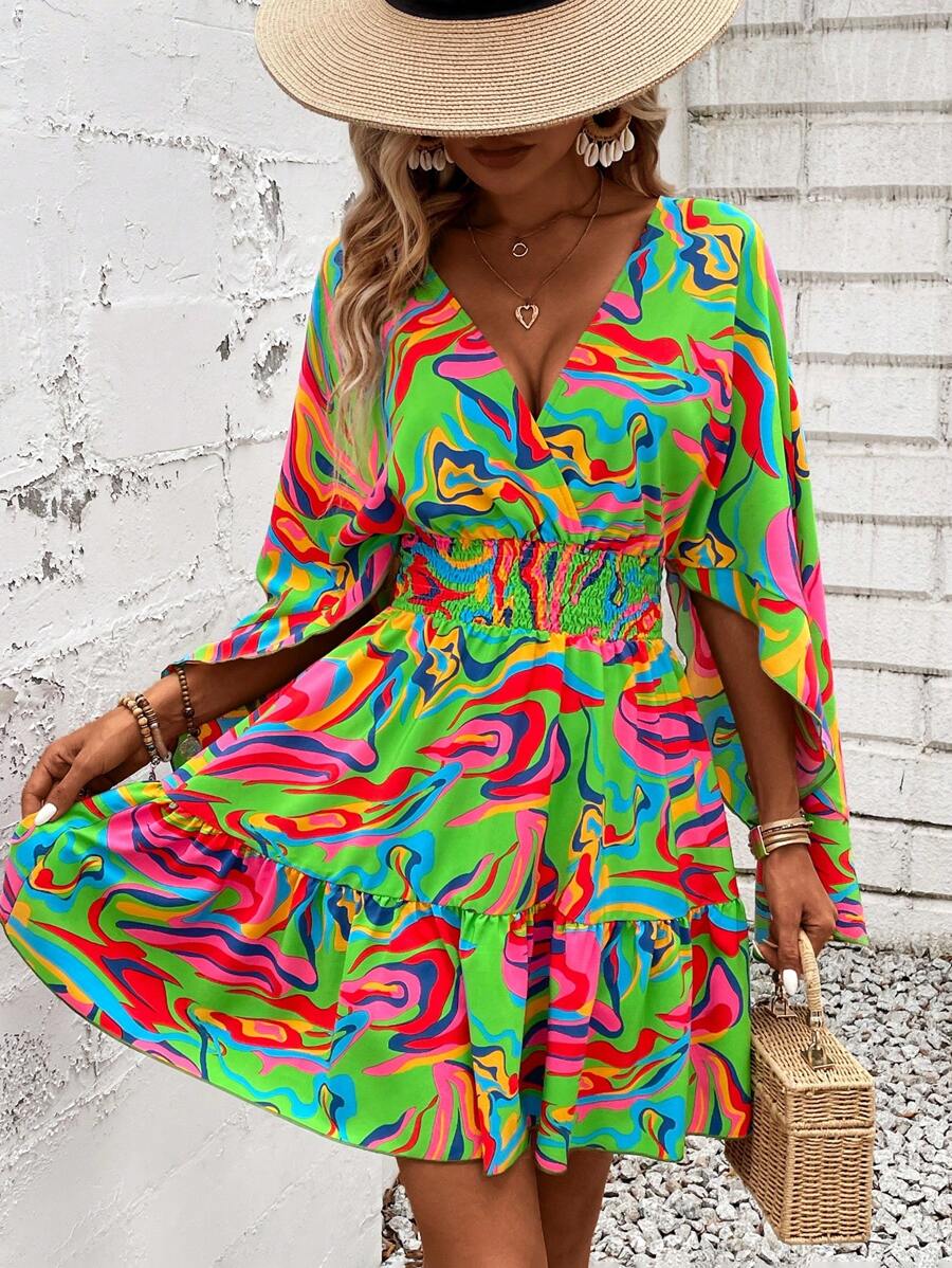 Women Holiday Full Printed V-Neck Cinching Waist Wrap Ruffle Hem Dress