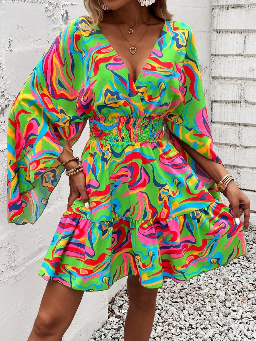 Women Holiday Full Printed V-Neck Cinching Waist Wrap Ruffle Hem Dress