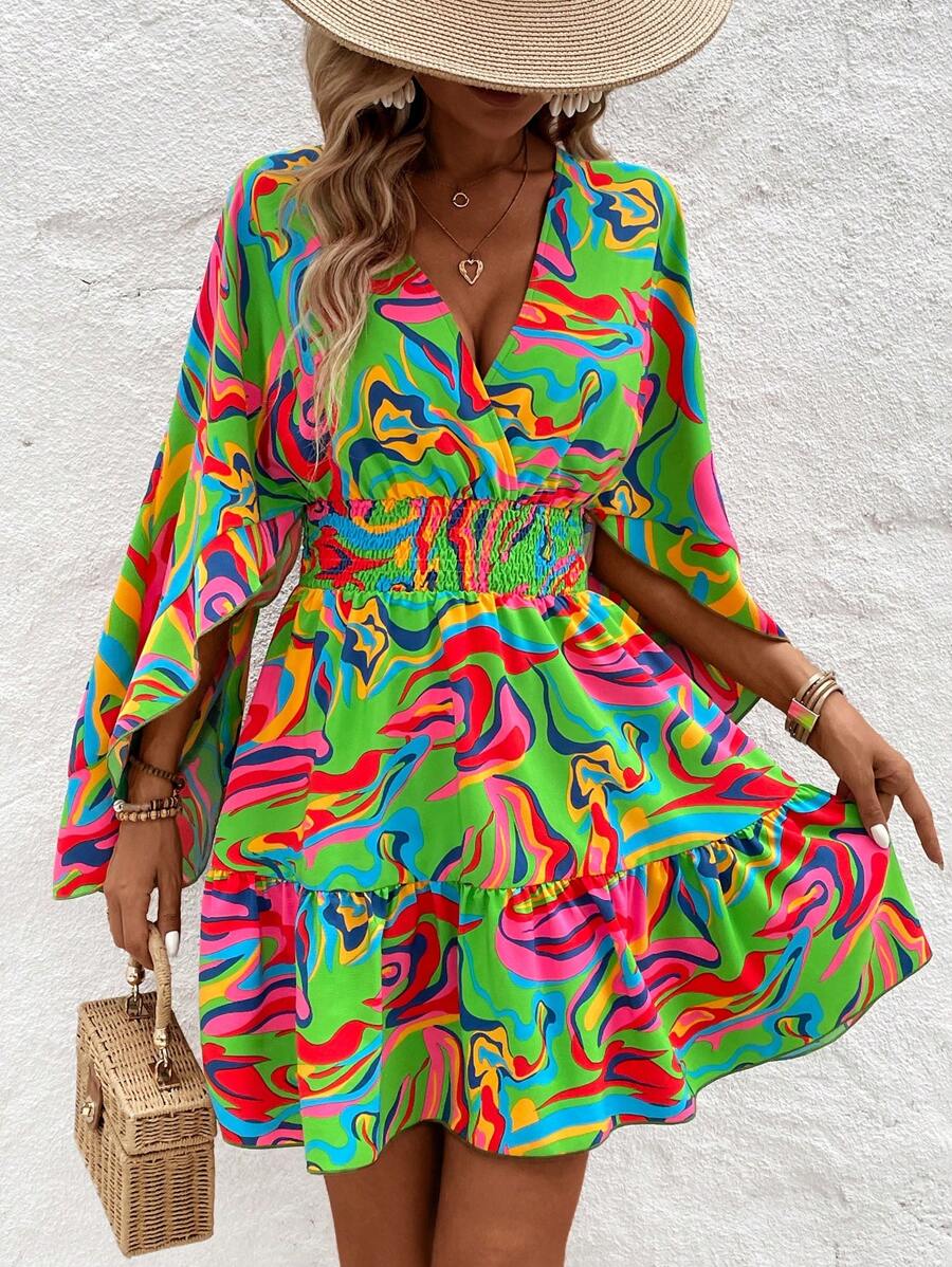 Women Holiday Full Printed V-Neck Cinching Waist Wrap Ruffle Hem Dress