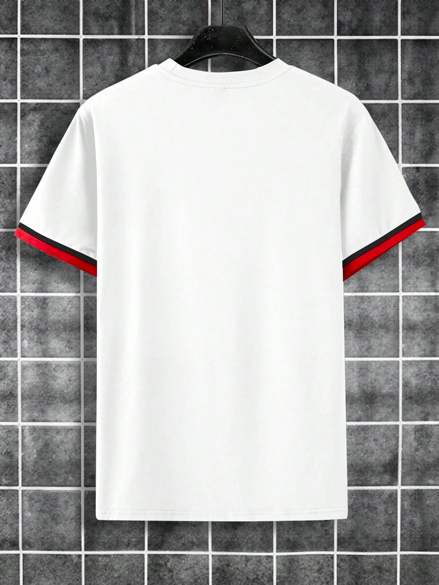 Men's Casual White Short-Sleeved T-Shirt with Chest Pocket and Star & Feather Embroidery