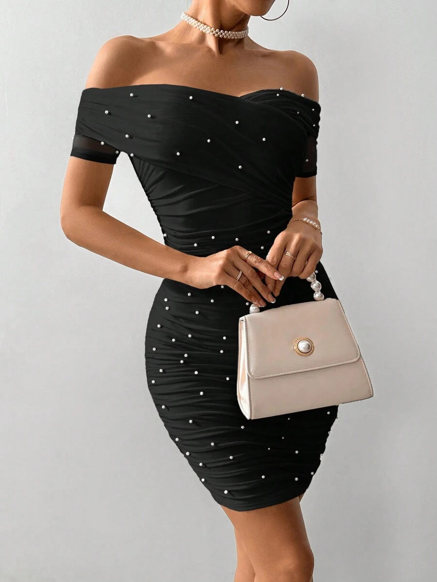 Women Fitted Open Shoulder Short Sleeve Beaded Bodycon Dress
