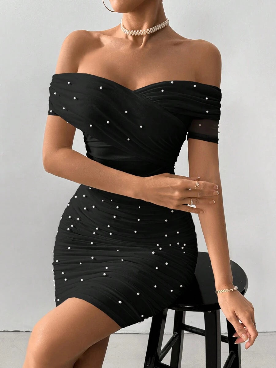Women Fitted Open Shoulder Short Sleeve Beaded Bodycon Dress