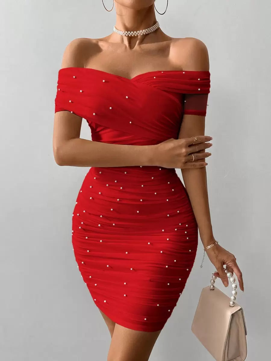 Women Fitted Open Shoulder Short Sleeve Beaded Bodycon Dress