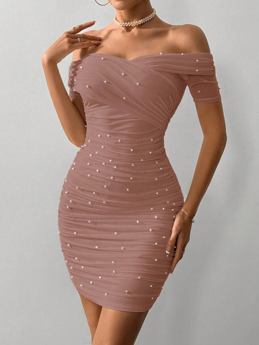 Women Fitted Open Shoulder Short Sleeve Beaded Bodycon Dress