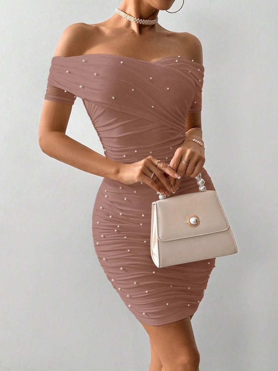 Women Fitted Open Shoulder Short Sleeve Beaded Bodycon Dress