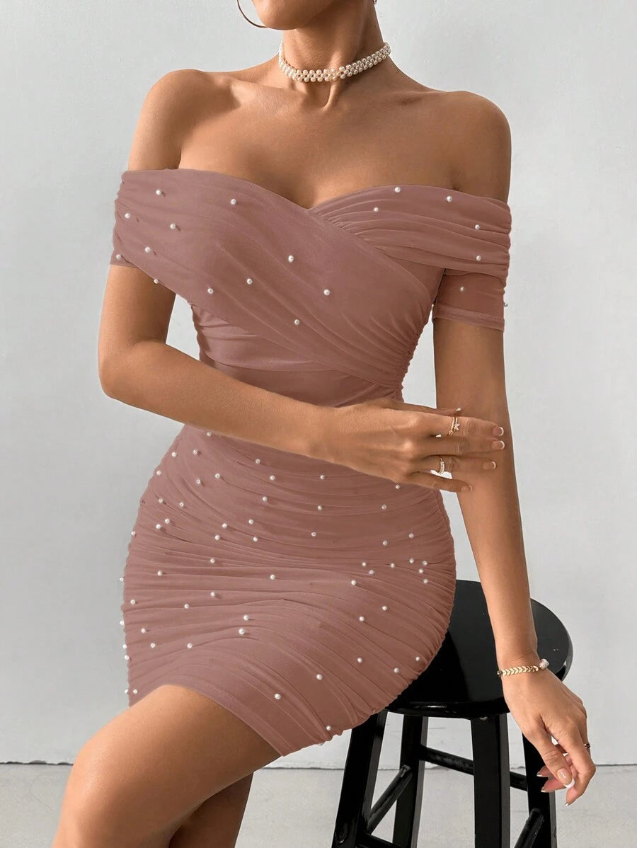 Women Fitted Open Shoulder Short Sleeve Beaded Bodycon Dress