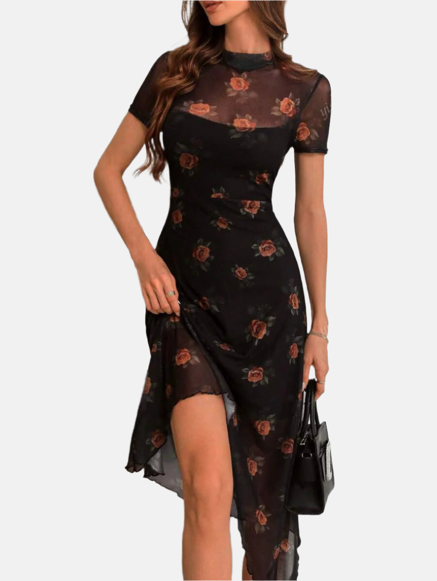 Women Gothic Vintage Dark Gothic Rose Print Mesh Contrast Double Layer High Neck Fit & Flare Asymmetric Hem Dress