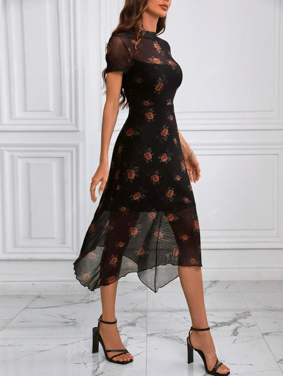 Women Gothic Vintage Dark Gothic Rose Print Mesh Contrast Double Layer High Neck Fit & Flare Asymmetric Hem Dress