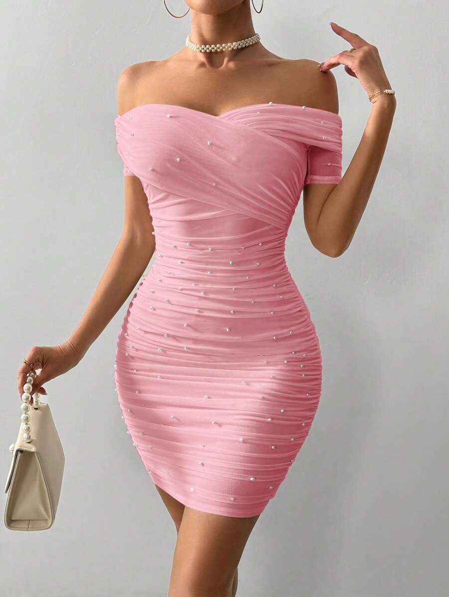 Women Fitted Open Shoulder Short Sleeve Beaded Bodycon Dress