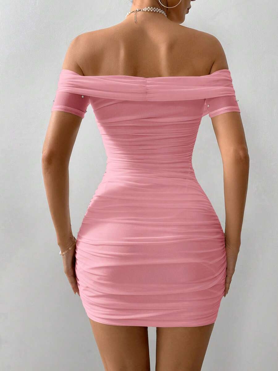 Women Fitted Open Shoulder Short Sleeve Beaded Bodycon Dress