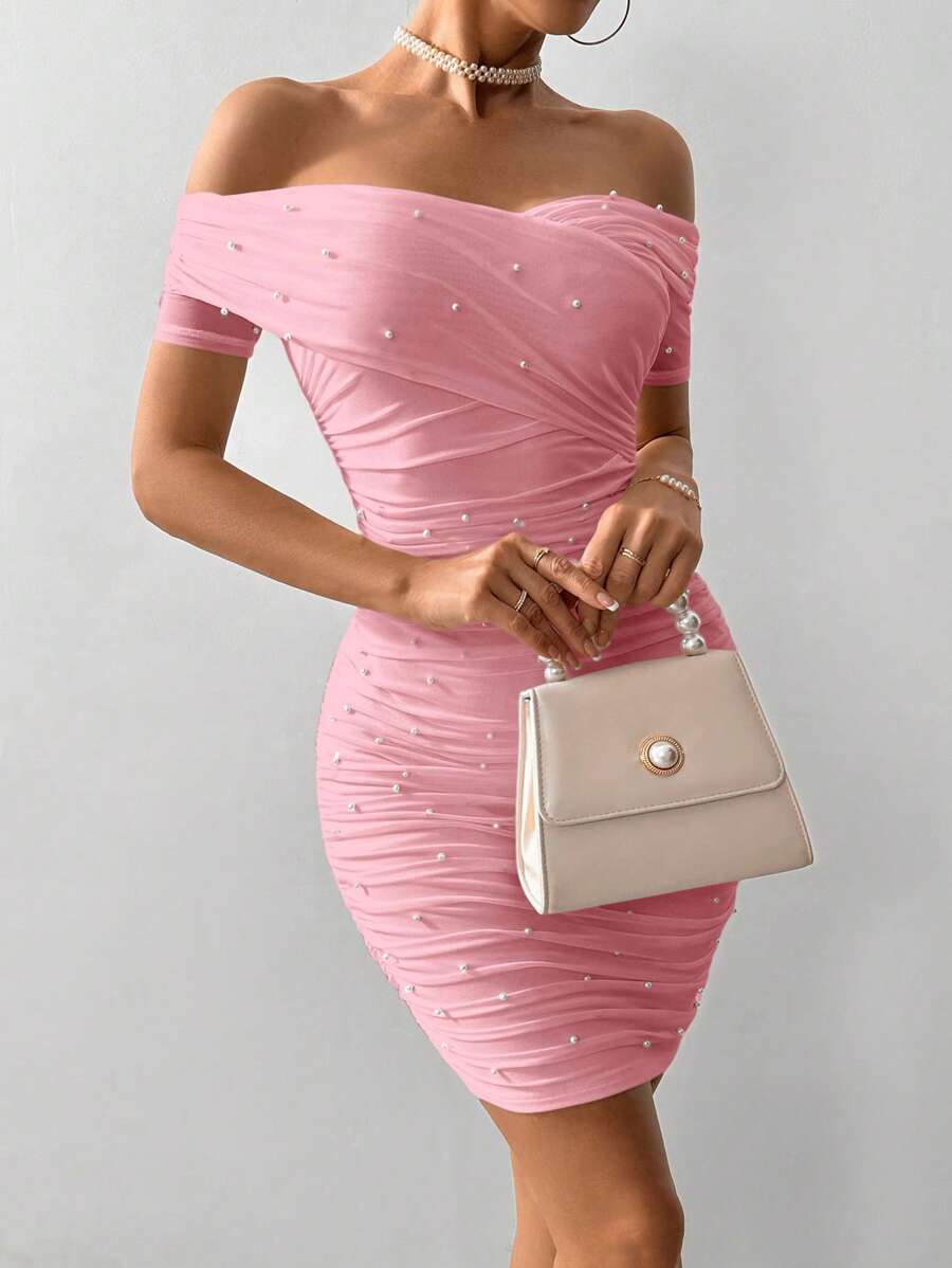 Women Fitted Open Shoulder Short Sleeve Beaded Bodycon Dress