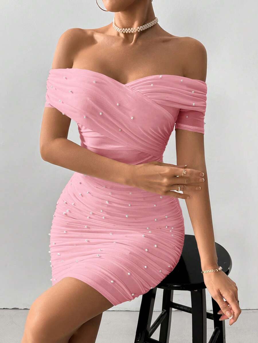 Women Fitted Open Shoulder Short Sleeve Beaded Bodycon Dress