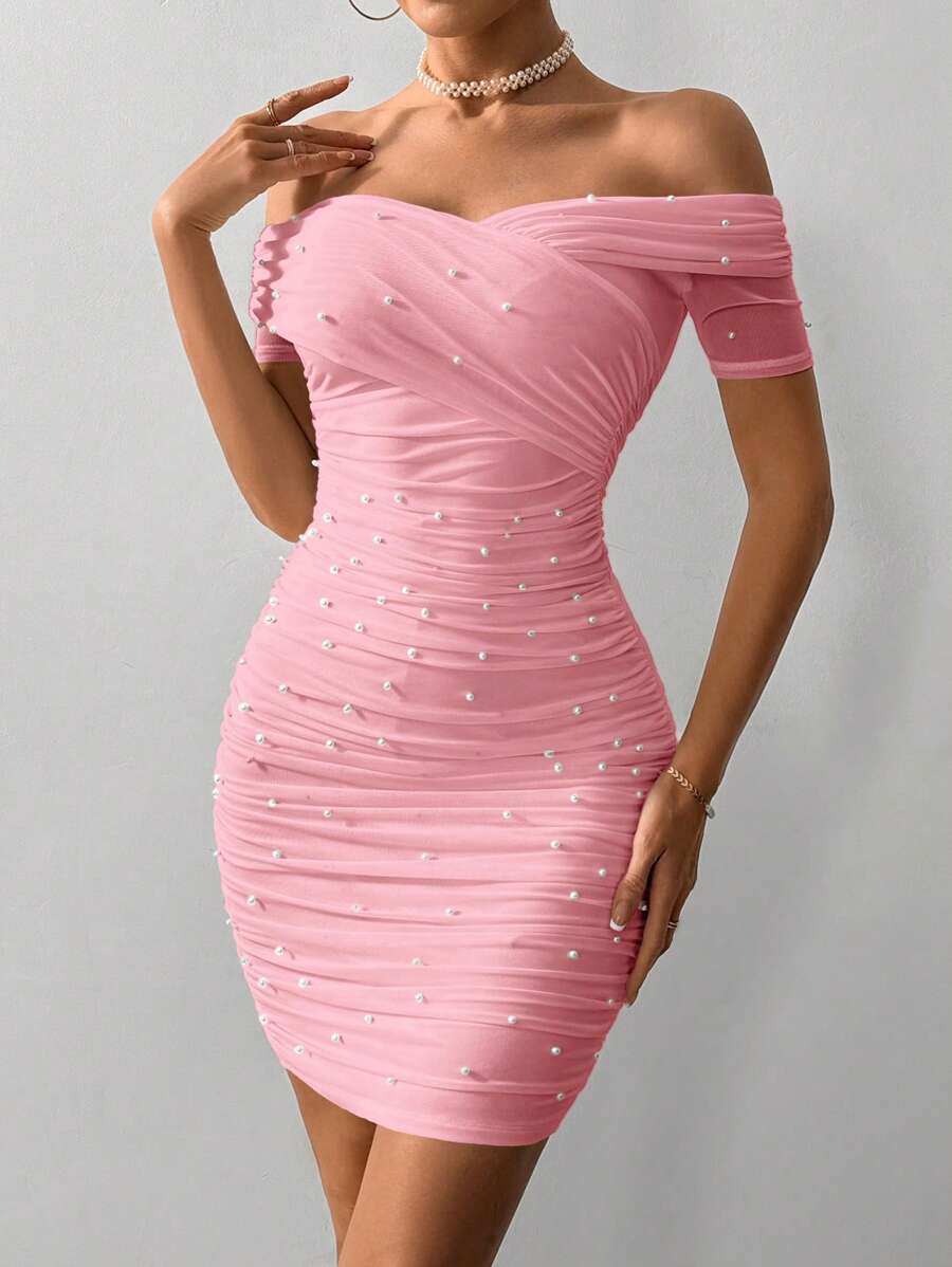 Women Fitted Open Shoulder Short Sleeve Beaded Bodycon Dress