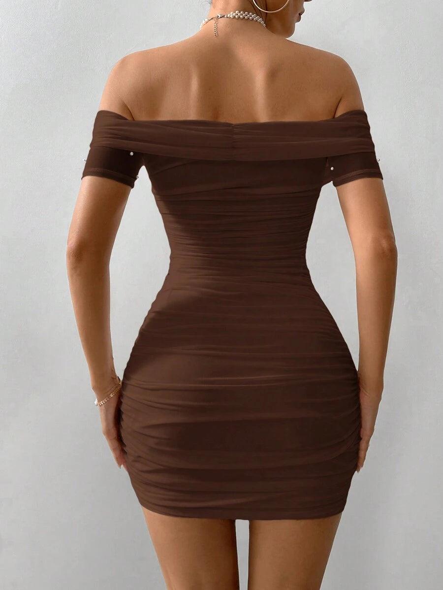 Women Fitted Open Shoulder Short Sleeve Beaded Bodycon Dress