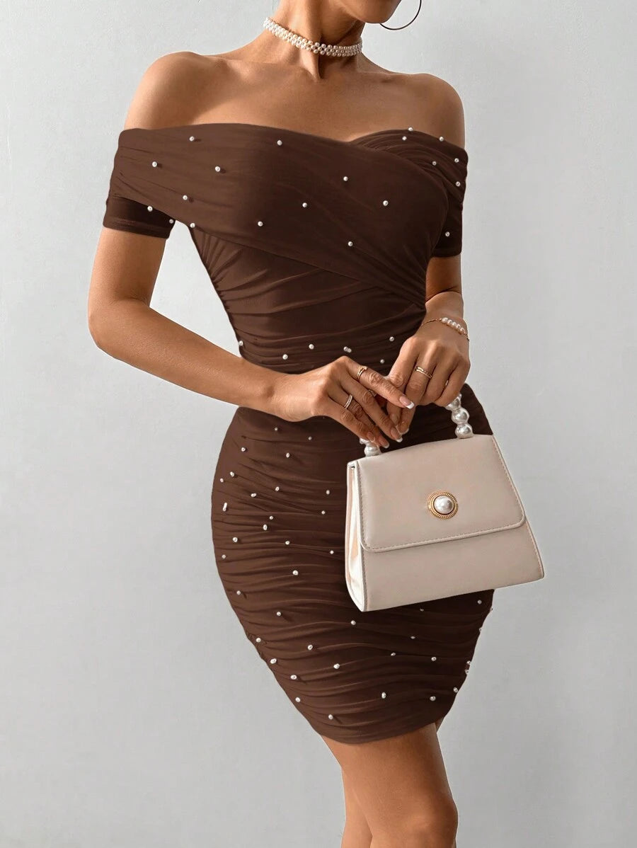 Women Fitted Open Shoulder Short Sleeve Beaded Bodycon Dress