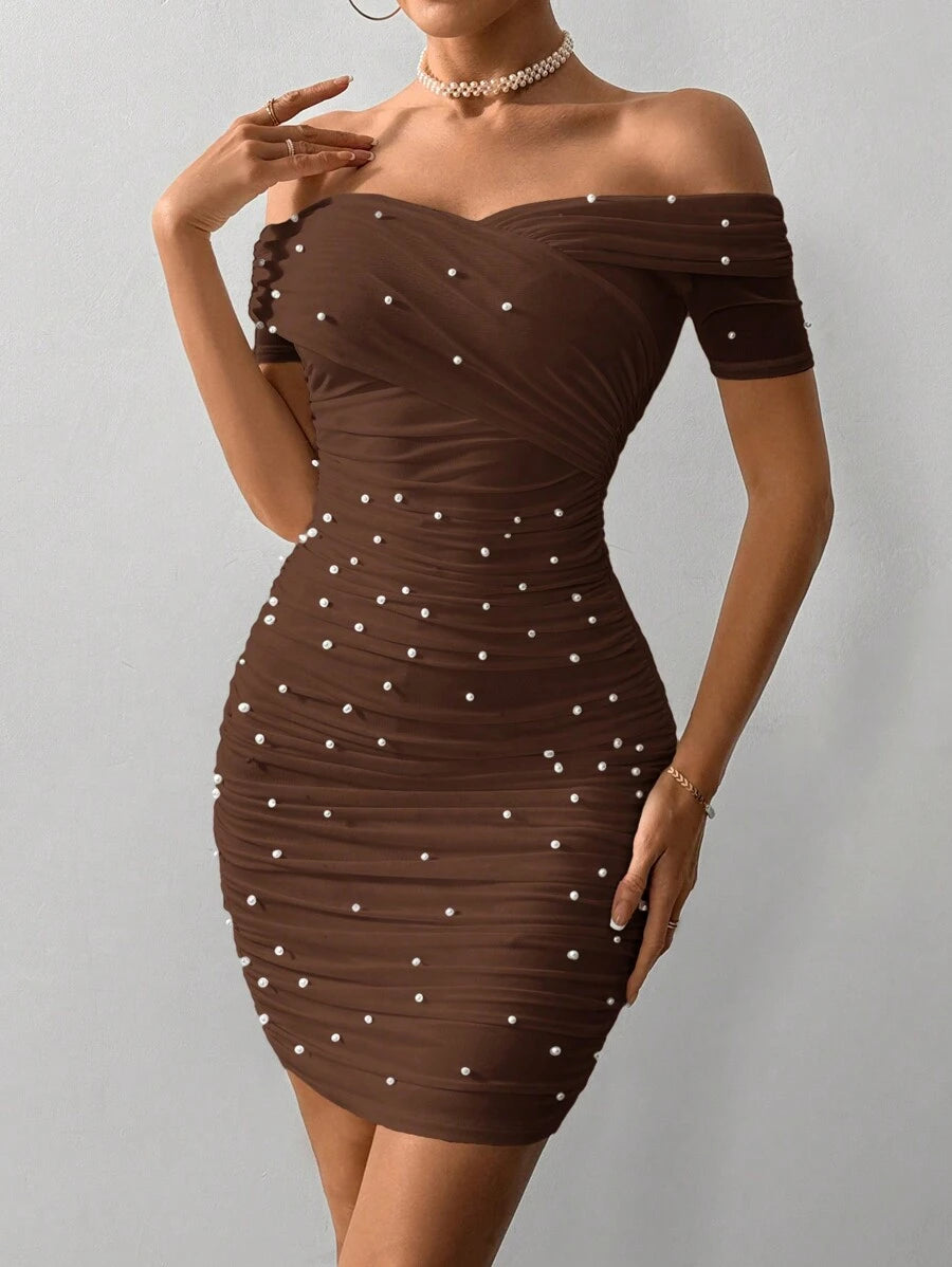 Women Fitted Open Shoulder Short Sleeve Beaded Bodycon Dress