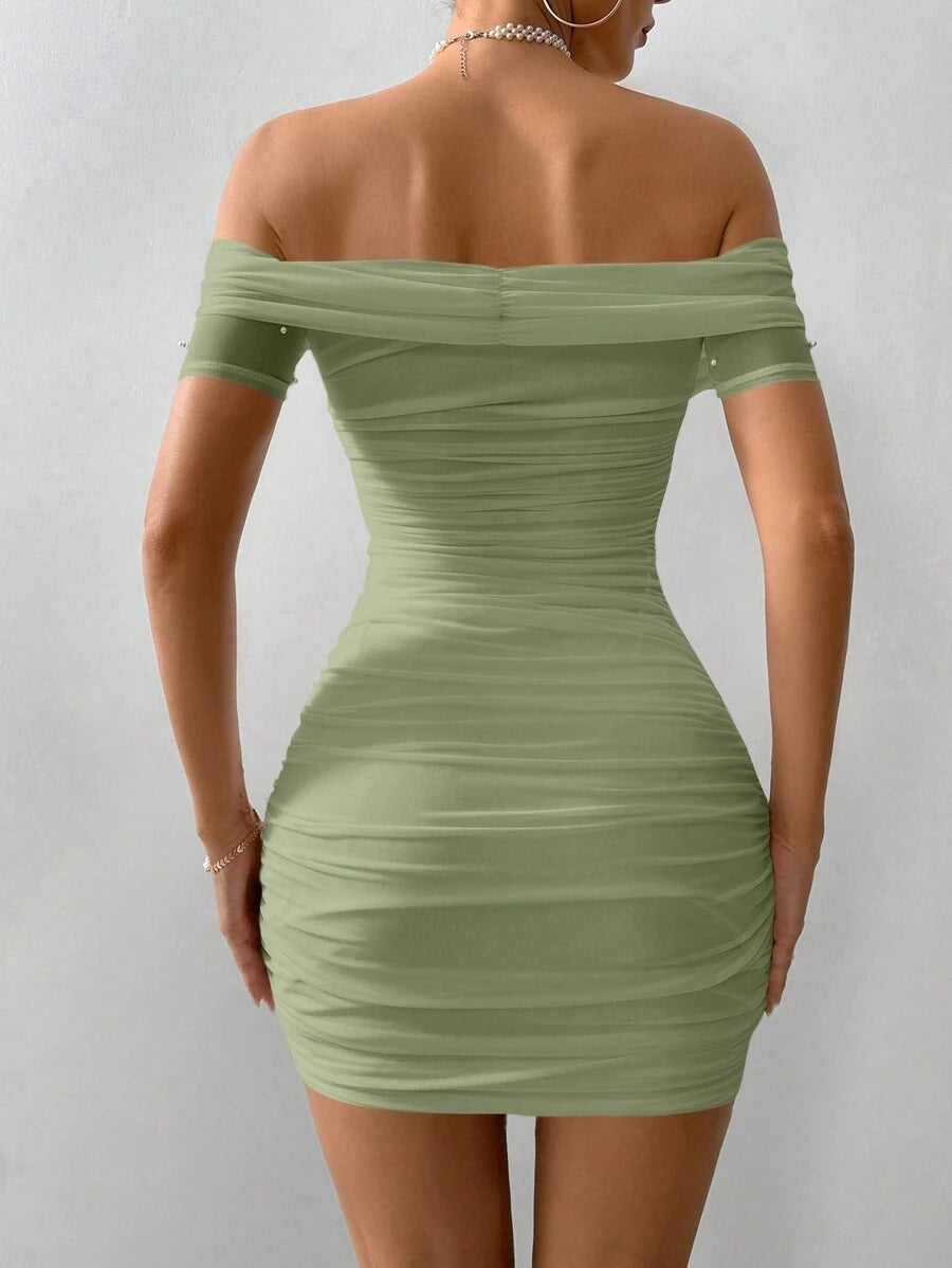 Women Fitted Open Shoulder Short Sleeve Beaded Bodycon Dress