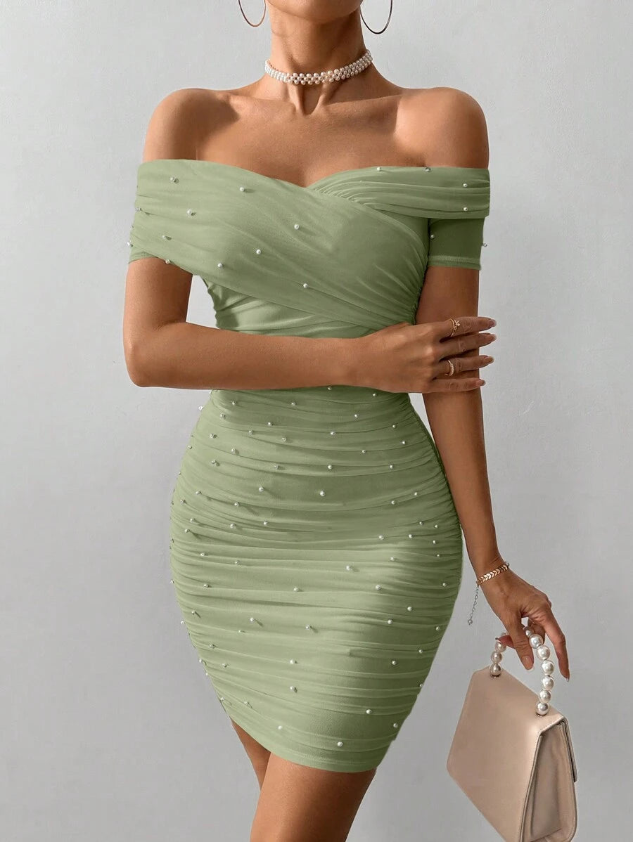 Women Fitted Open Shoulder Short Sleeve Beaded Bodycon Dress