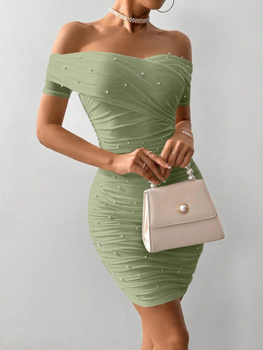 Women Fitted Open Shoulder Short Sleeve Beaded Bodycon Dress