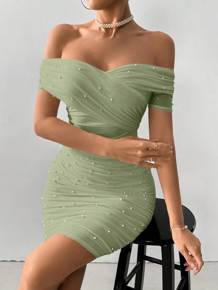 Women Fitted Open Shoulder Short Sleeve Beaded Bodycon Dress