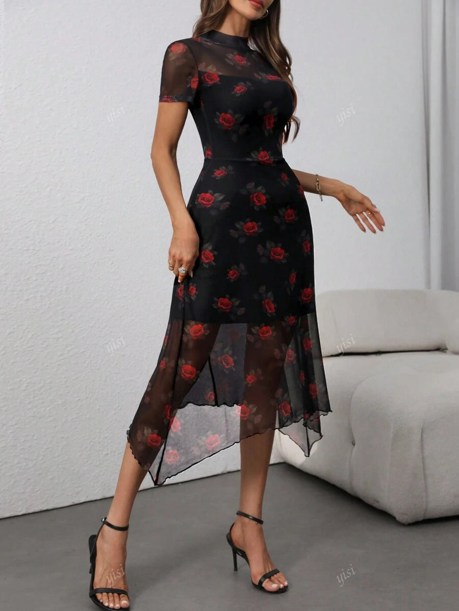 Women Gothic Vintage Dark Gothic Rose Print Mesh Contrast Double Layer High Neck Fit & Flare Asymmetric Hem Dress