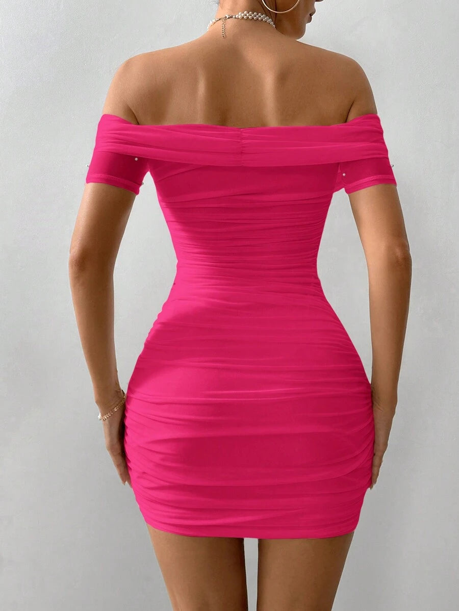 Women Fitted Open Shoulder Short Sleeve Beaded Bodycon Dress