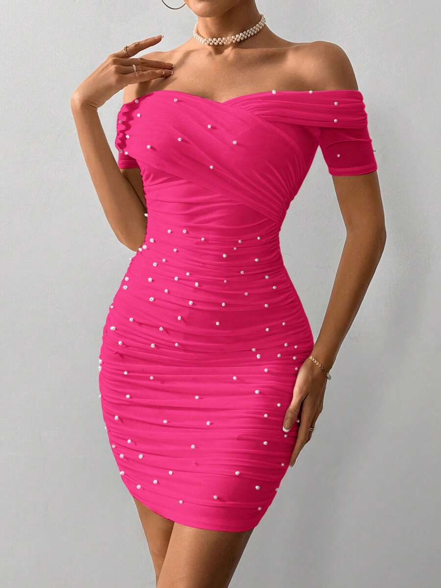 Women Fitted Open Shoulder Short Sleeve Beaded Bodycon Dress