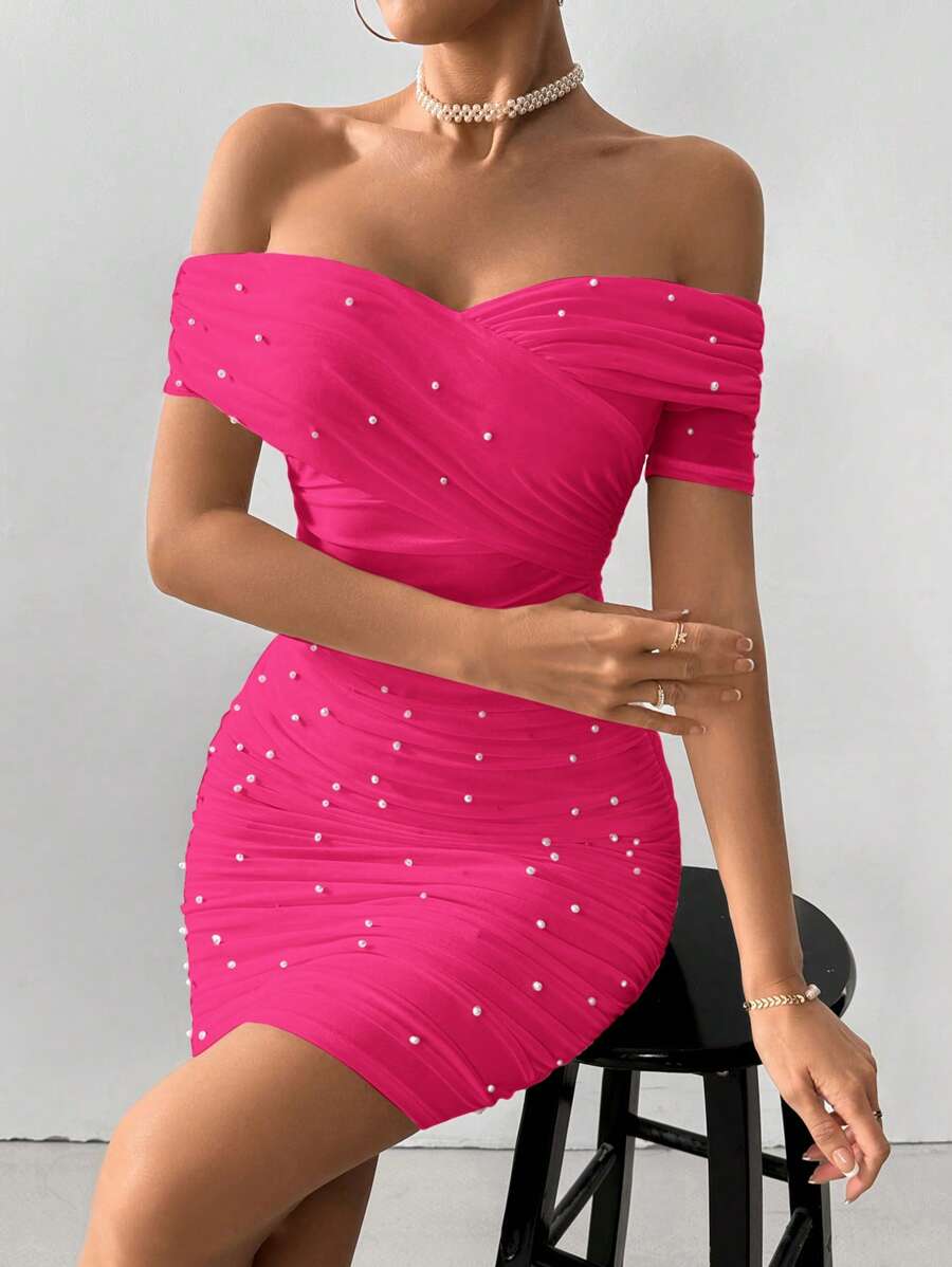 Women Fitted Open Shoulder Short Sleeve Beaded Bodycon Dress
