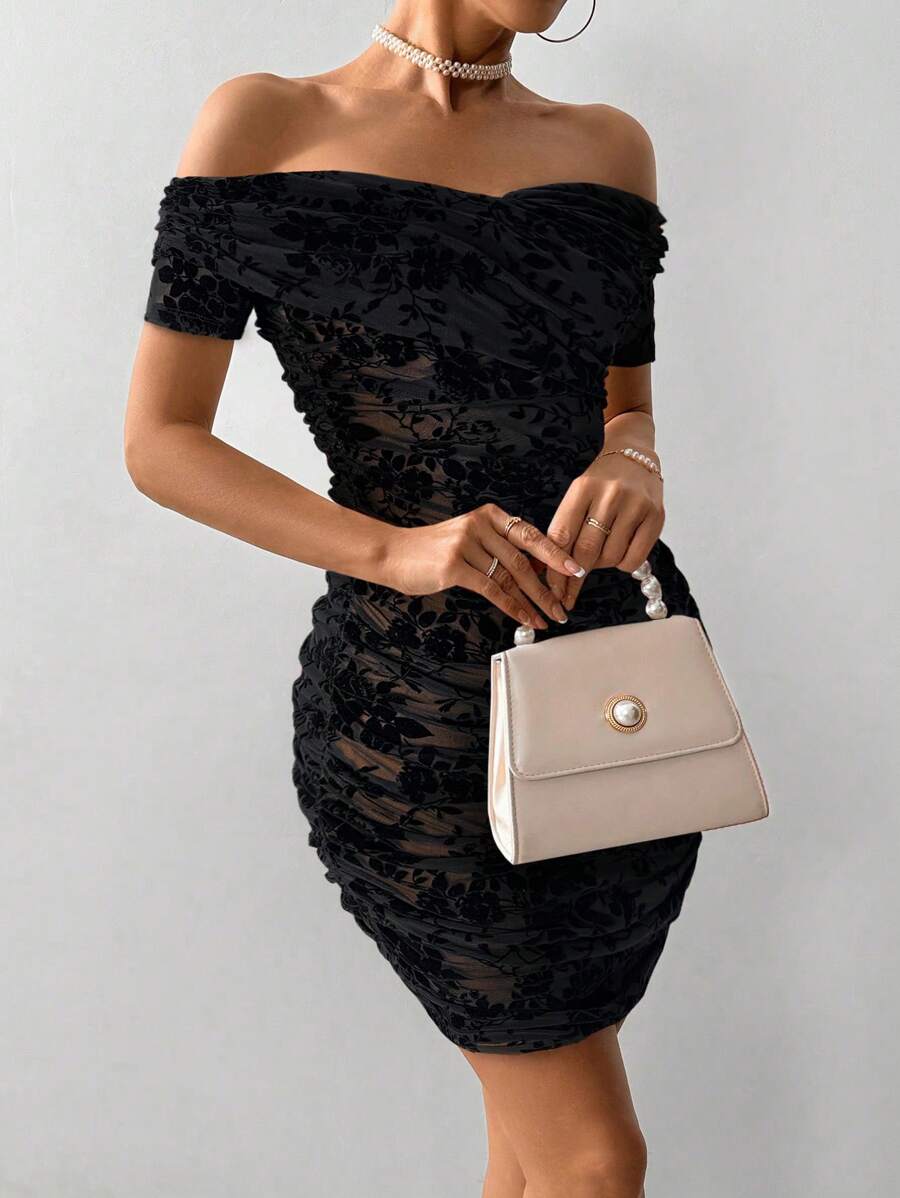 Women Fitted Open Shoulder Short Sleeve Beaded Bodycon Dress