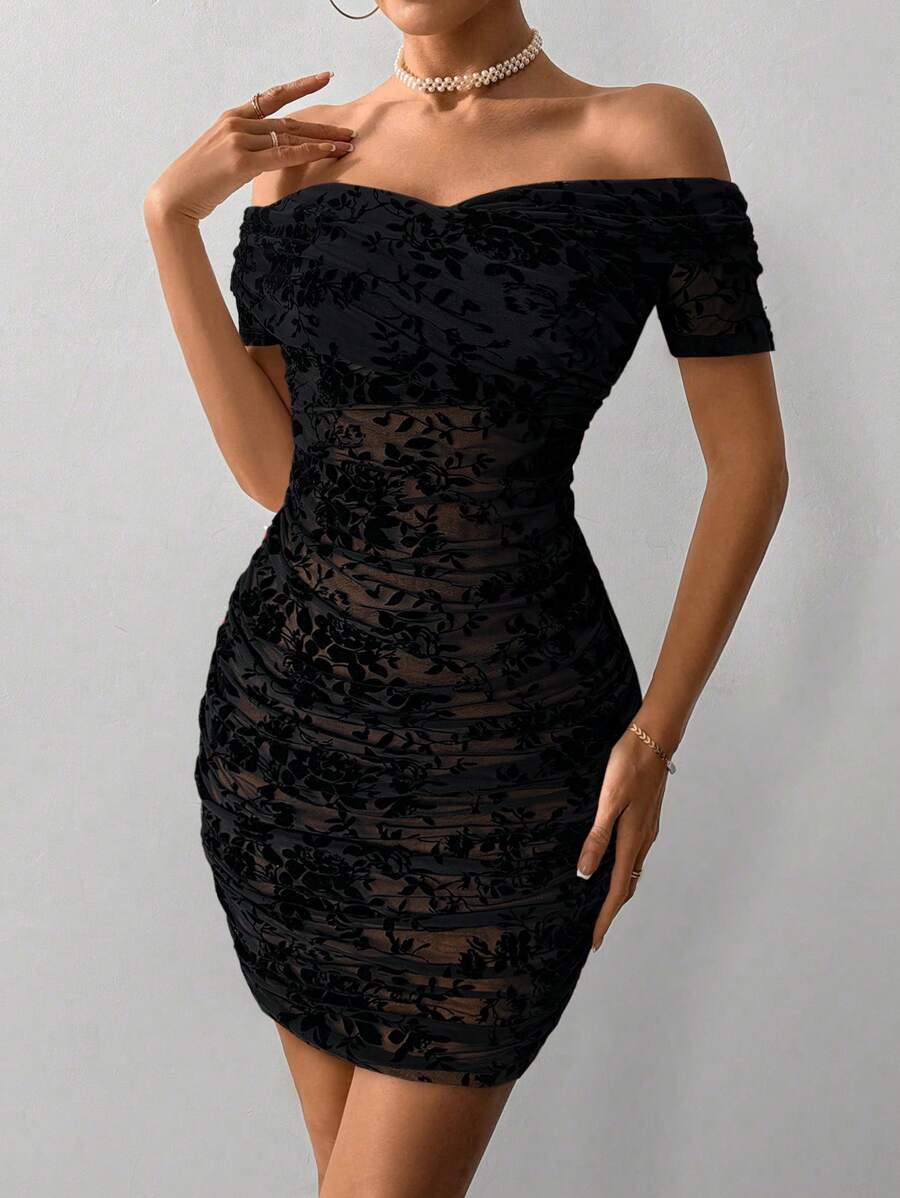 Women Fitted Open Shoulder Short Sleeve Beaded Bodycon Dress