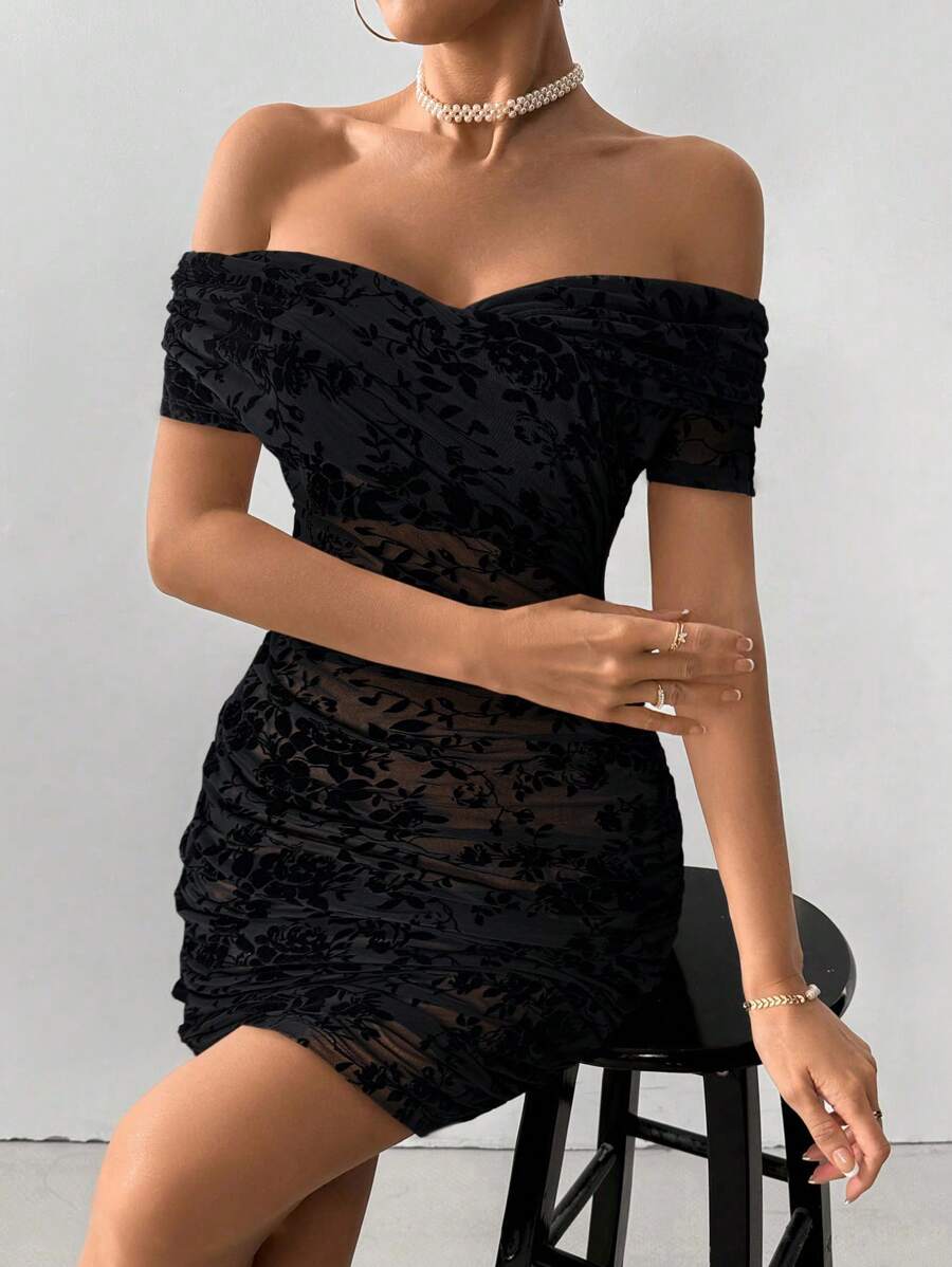Women Fitted Open Shoulder Short Sleeve Beaded Bodycon Dress