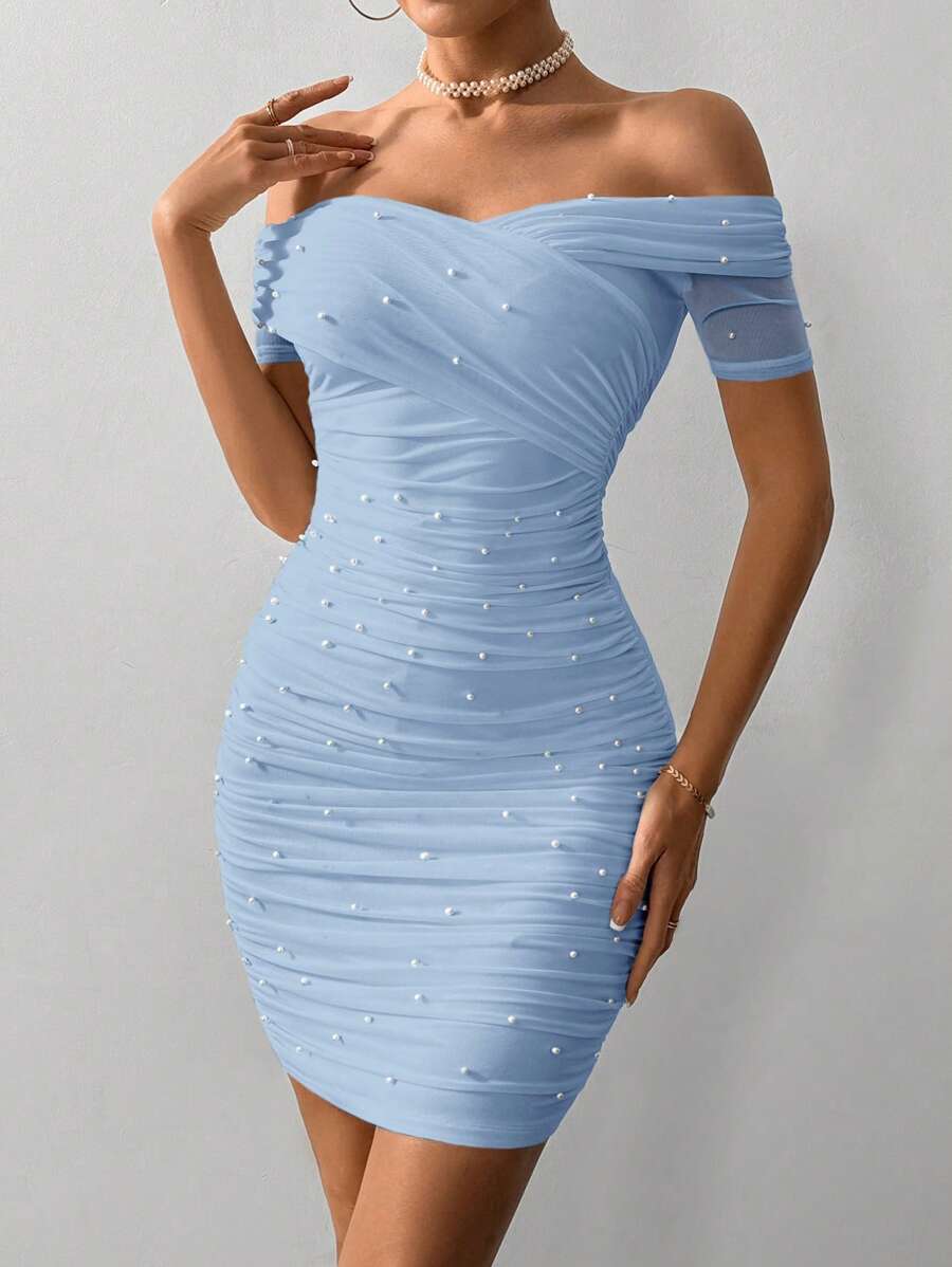 Women Fitted Open Shoulder Short Sleeve Beaded Bodycon Dress