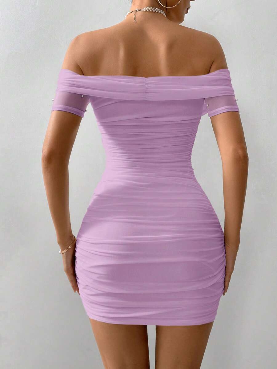 Women Fitted Open Shoulder Short Sleeve Beaded Bodycon Dress