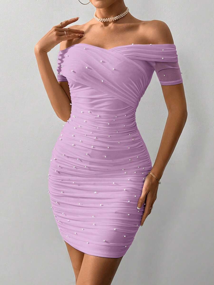 Women Fitted Open Shoulder Short Sleeve Beaded Bodycon Dress