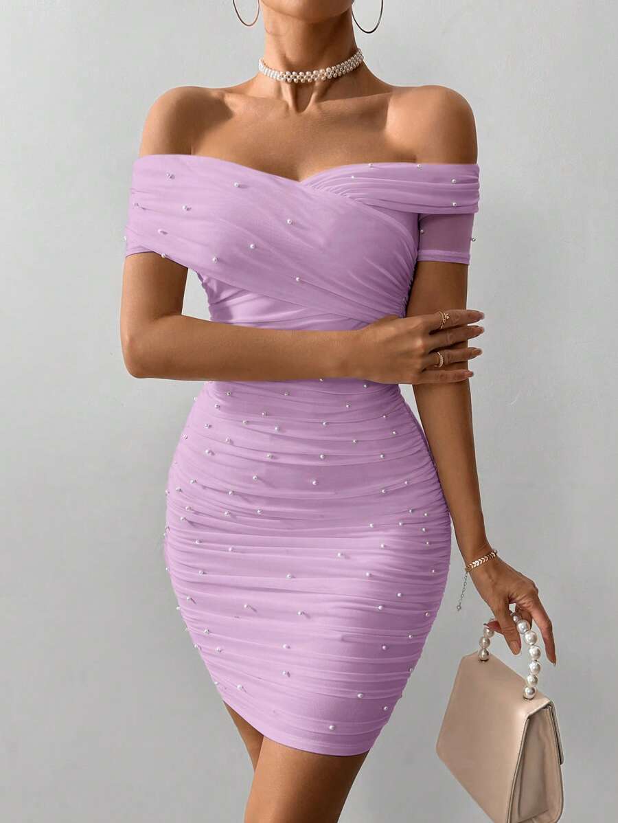 Women Fitted Open Shoulder Short Sleeve Beaded Bodycon Dress